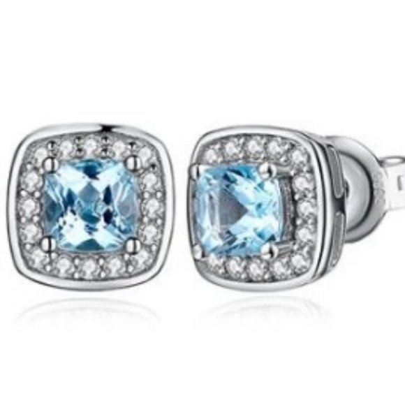 Amore Jewelry - Blue Topaz HALO Sterling Silver Earrings